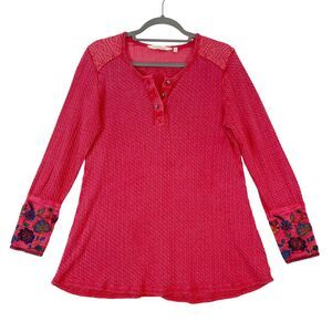 Soft Surroundings Embroidered Henley Top Women's Sz PL Red‎ Waffle Knit Boho